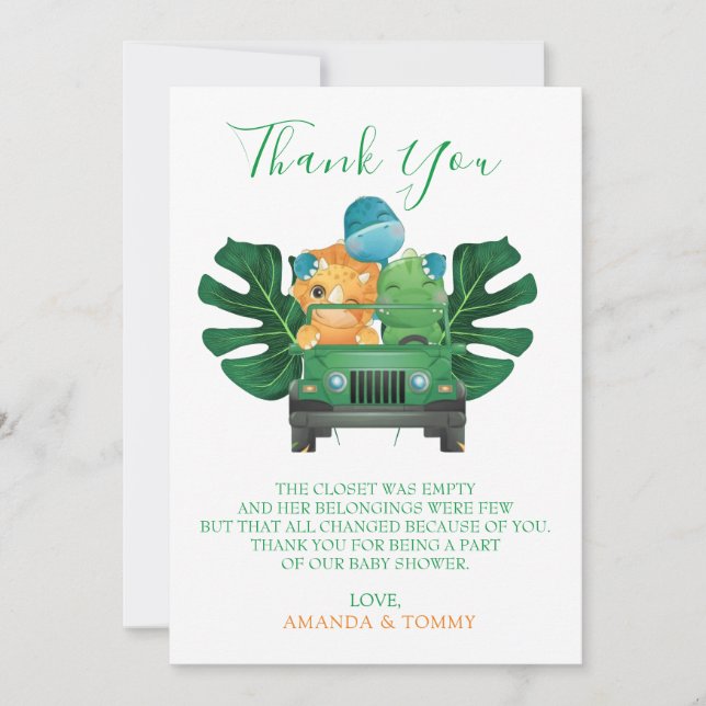 Cute Dinosaur Jungle Safari Baby Shower Thank You (Front)