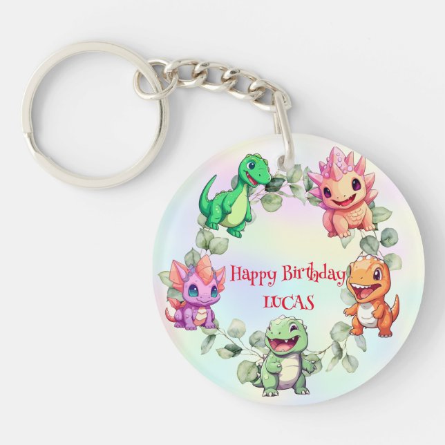 Cute dinosaur jungle School kid birthday party boy Keychain (Front)