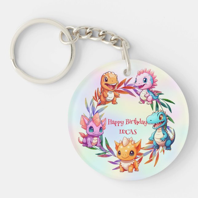 Cute dinosaur jungle School kid birthday party boy Keychain (Front)