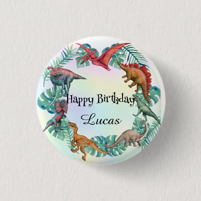 Cute dinosaur jungle School kids Birthday party  1 Inch Round Button (Front)