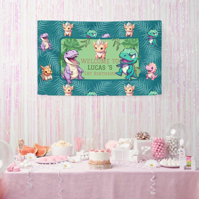 Cute dinosaur jungle School kids Birthday party  Banner (Party)