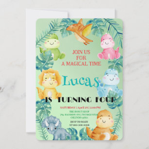 Cute dinosaur jungle School kids Birthday party  Invitation
