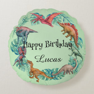 Cute dinosaur jungle School kids Birthday party Round Pillow