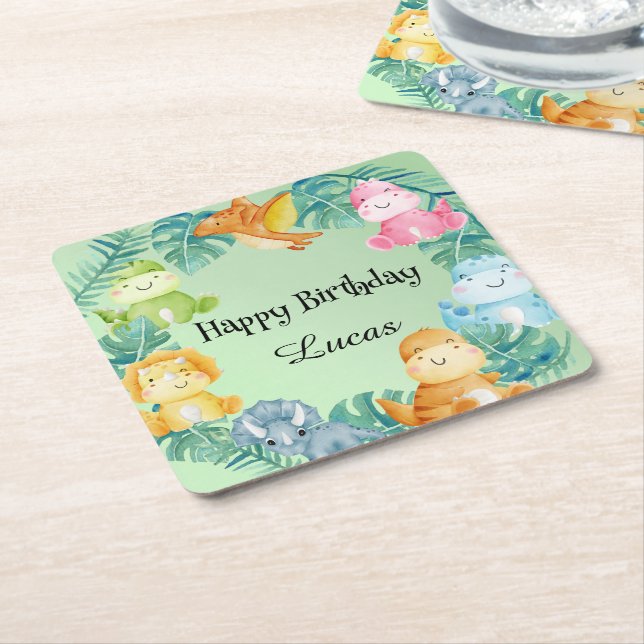 Cute dinosaur jungle School kids Birthday party  Square Paper Coaster (Angled)
