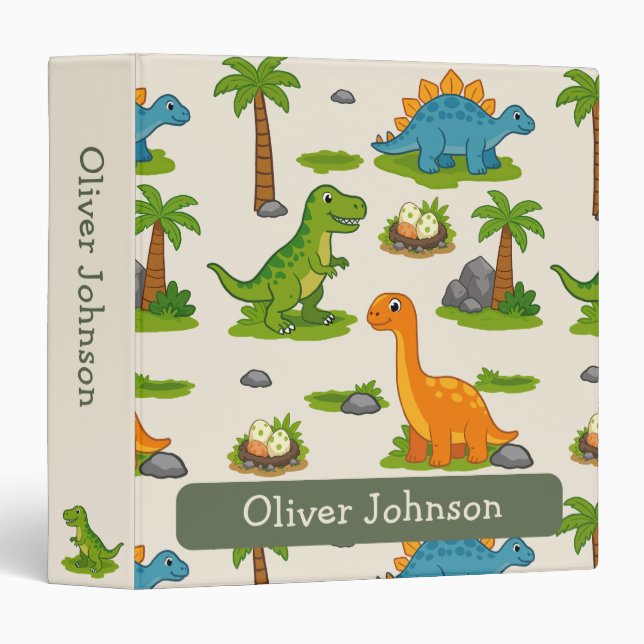 Cute Dinosaur Kids Name School Binder (Front/Spine)
