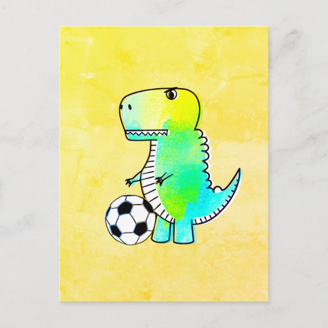 Cute Dinosaur Loves Soccer Watercolor Postcard (Front)