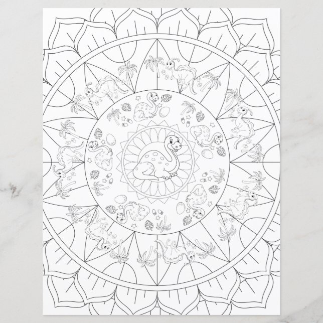 Cute Dinosaur Mandala Kids Colouring Page (Front)