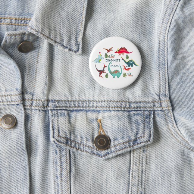 Cute dinosaur mom birthday party 2 inch round button (In Situ)