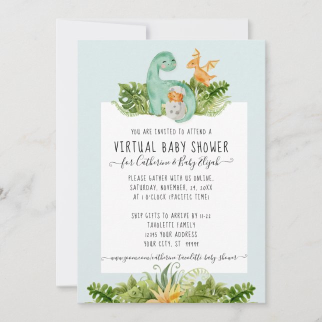 Cute Dinosaur Mommy Foliage Baby Virtual Shower Invitation (Front)