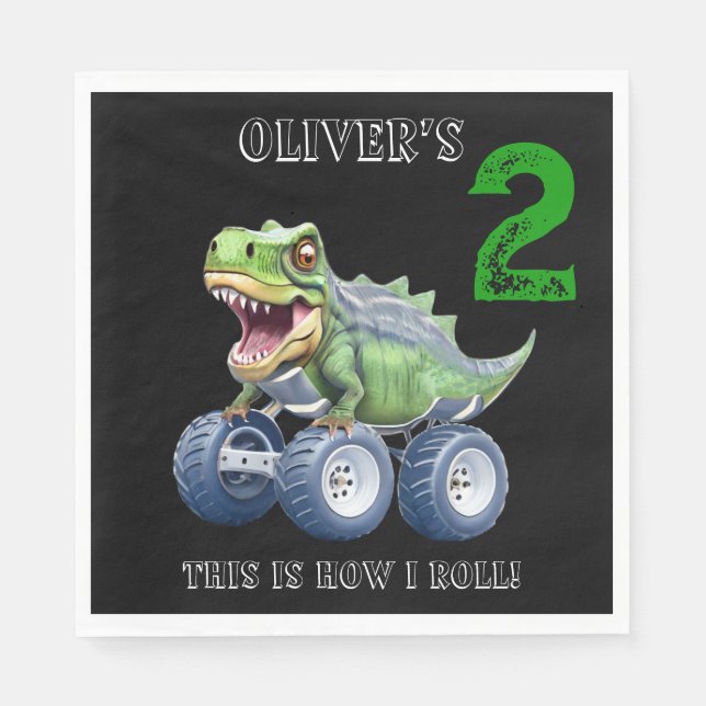 Cute Dinosaur monster truck personalized birthday  Napkin (Front)