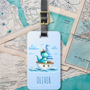 Cute Dinosaur Nautical Captain Blue Luggage Tag