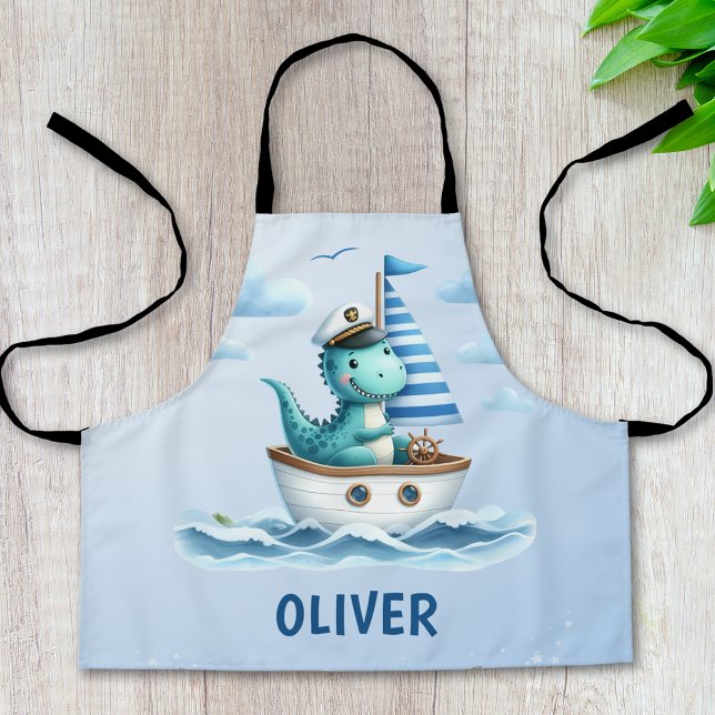 Cute Dinosaur Nautical Captain Personalized Blue Apron (Creator Uploaded)