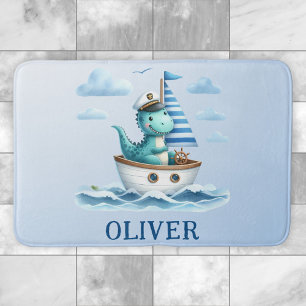 Cute Dinosaur Nautical Captain Personalized Blue Bath Mat