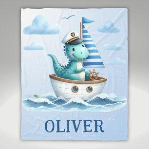 Cute Dinosaur Nautical Captain Personalized Blue Fleece Blanket