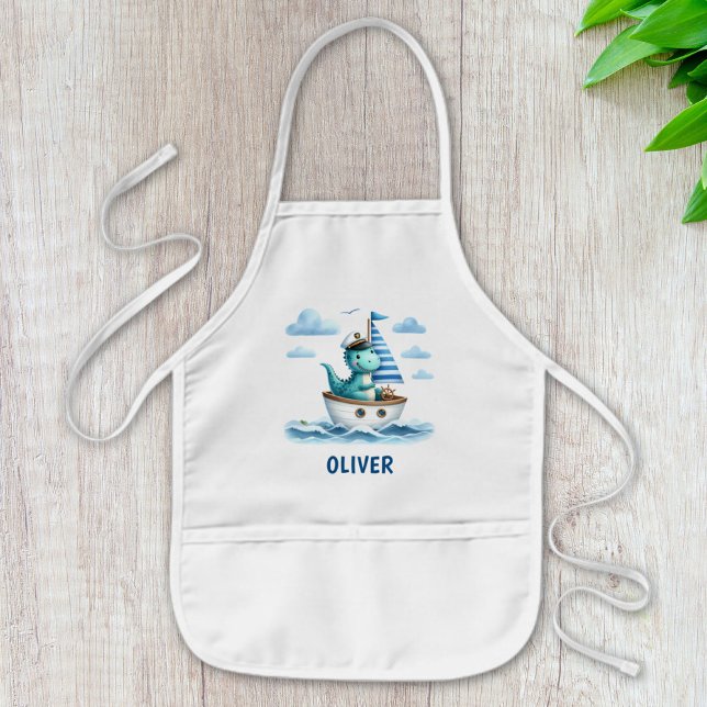 Cute Dinosaur Nautical Captain Personalized Blue Kids Apron (Creator Uploaded)