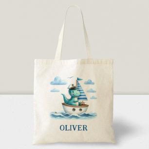 Cute Dinosaur Nautical Captain Personalized Blue Tote Bag