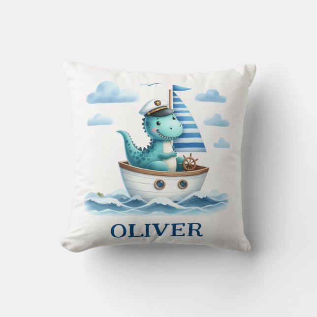 Cute Dinosaur Nautical Captain Personalized Throw Pillow (Front)