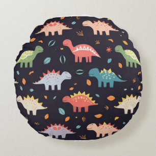 Cute Dinosaur, Navy Cute Colourful Dinosaur Patter Round Pillow