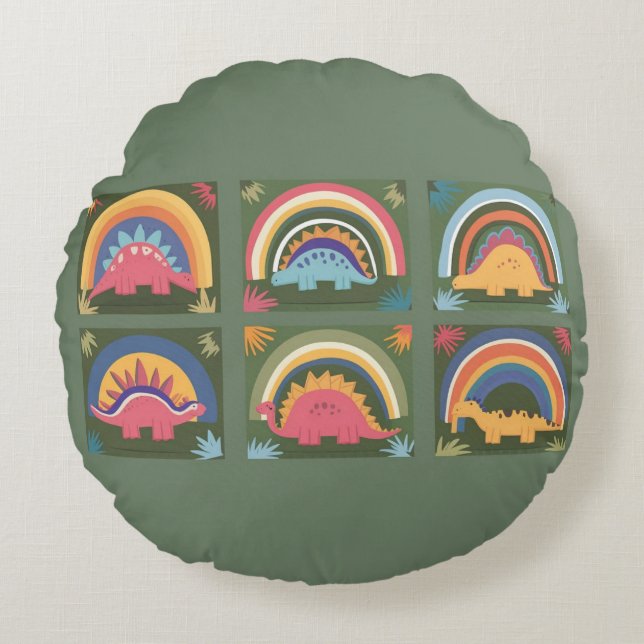 Cute Dinosaur, Navy Cute Colourful Dinosaur Patter Round Pillow (Front)