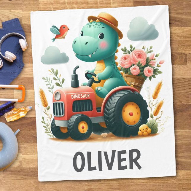 Cute Dinosaur on Red Tractor  Fleece Blanket (Creator Uploaded)