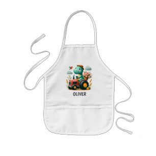 Cute Dinosaur on Red Tractor  Kids Apron
