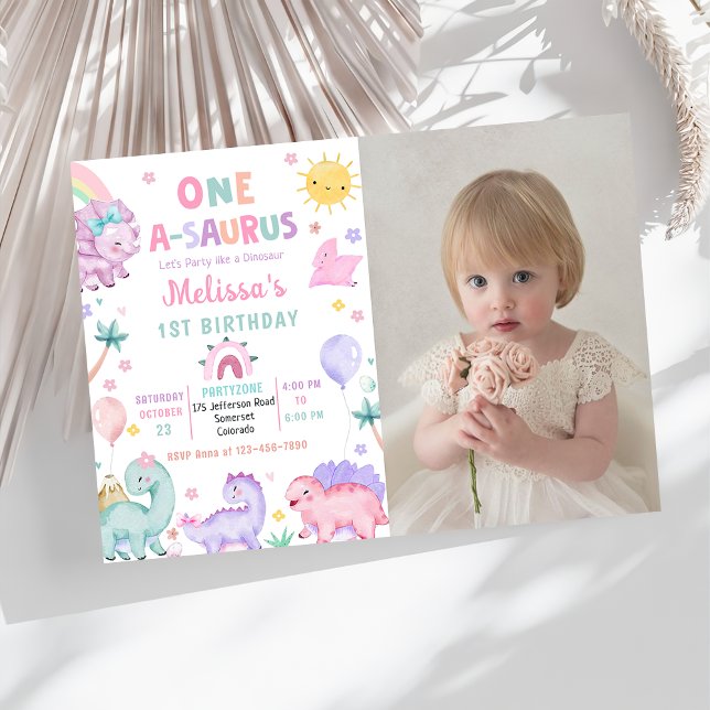 Cute Dinosaur One-A-Saurus 1st Birthday Photo Invitation (Creator Uploaded)