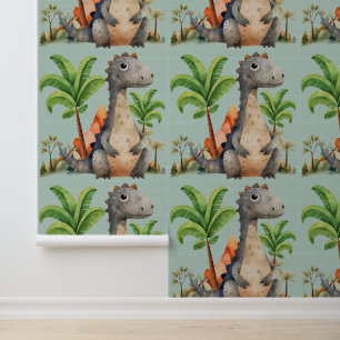 Cute dinosaur palm tree kids watercolor wallpaper