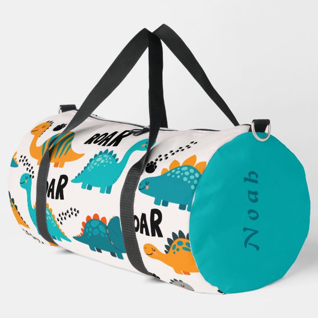 Cute Dinosaur Pattern Custom Monogram Name Kids Duffle Bag (Left Corner)