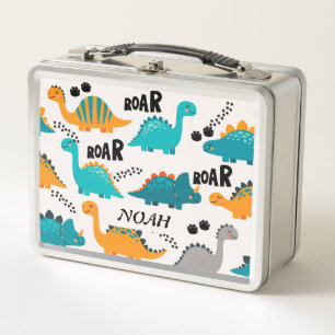Cute Dinosaur Pattern Custom Monogram Name Kids Metal Lunch Box