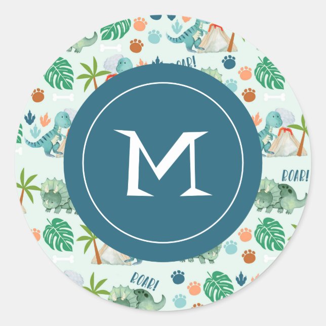 Cute Dinosaur Pattern Kids Monogram Classic Round Sticker (Front)