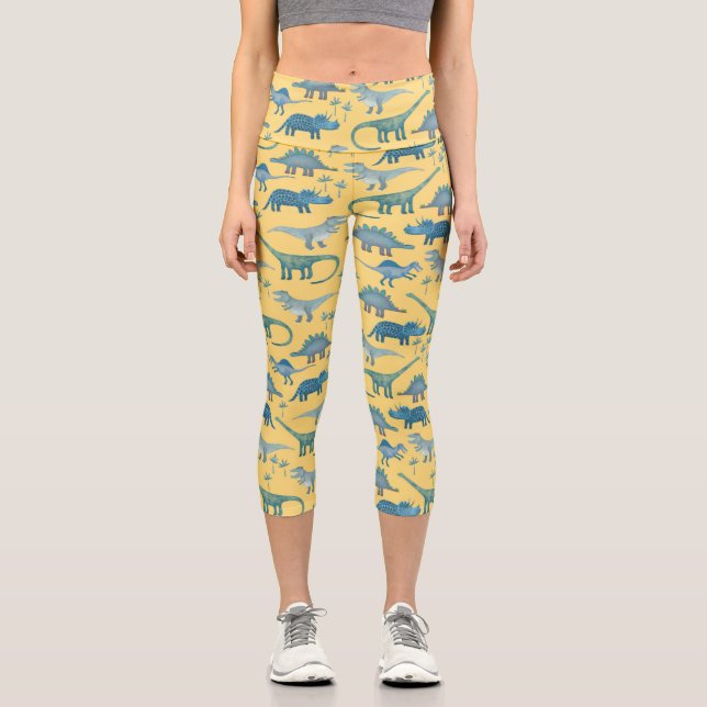 Cute Dinosaur Pattern on Yellow Capri Leggings (Front)