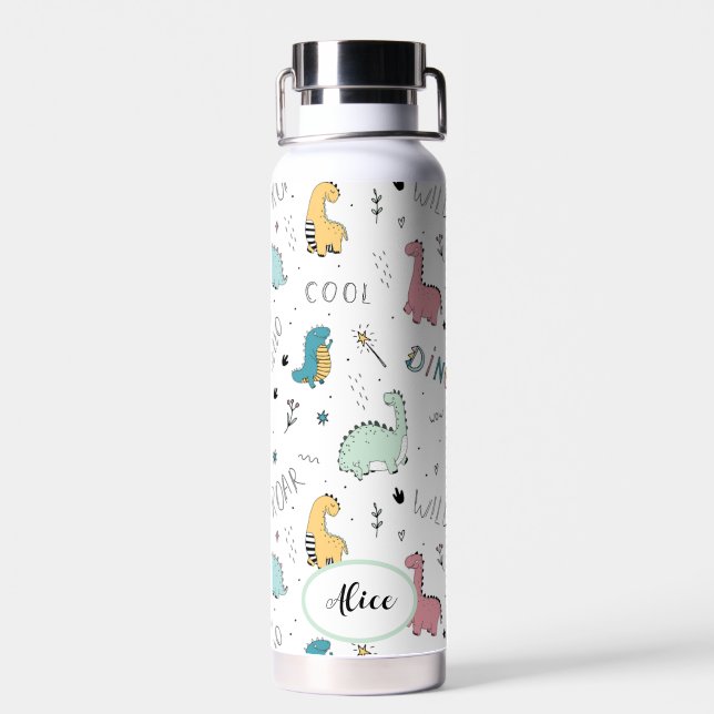 Cute Dinosaur Pattern Personalized Name Kids Water Bottle (Back)
