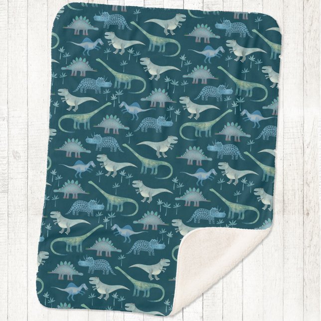 Cute Dinosaur Pattern Sherpa Blanket (Fun dinosaur teal green sherpa fleece blanket)