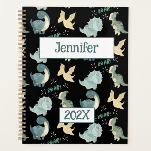 Cute Dinosaur Personalized Black 2024 Undated Planner