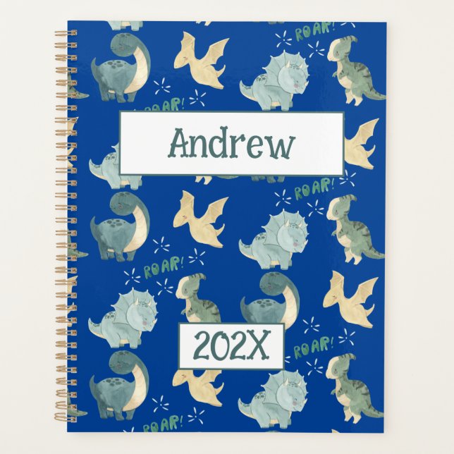 Cute Dinosaur Personalized Blue 2024 Undated Planner (Front)