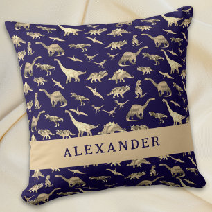 Cute Dinosaur Personalized Name Blue Throw Pillow