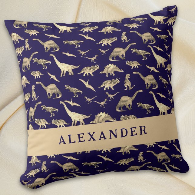 Cute Dinosaur Personalized Name Blue Throw Pillow (Cute dinosaur personalized name boy baby navy blue pillow Jurassic dino pattern custom bedroom decor)