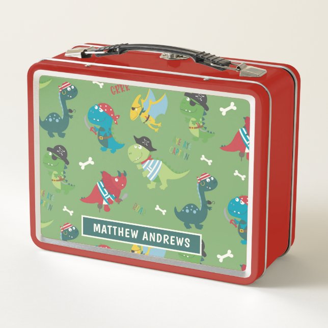 Cute Dinosaur Personalized Name Modern Metal Lunch Box (Back)