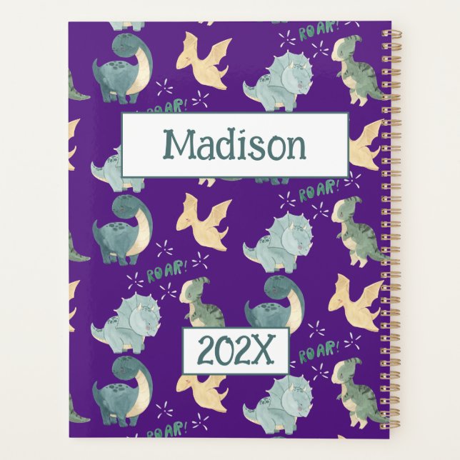 Cute Dinosaur Personalized Purple 2024 Undated Planner (Back)