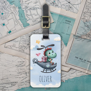 Cute Dinosaur Pilot Flying Charming Helicopter Luggage Tag