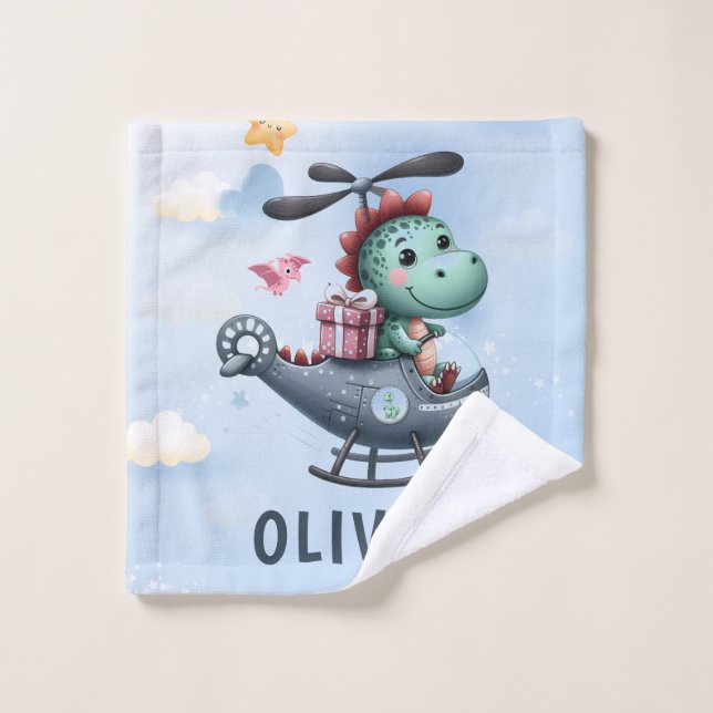 Cute Dinosaur Pilot Flying Charming Helicopter Wash Cloth (Wash Cloth)