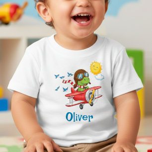 Cute Dinosaur Pilot Flying Red Airplane Baby T-Shirt