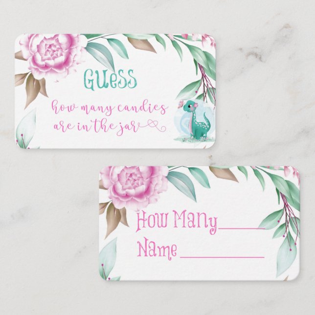 Cute Dinosaur Pink Peony How Many Candies In A Jar Business Card (Front/Back)