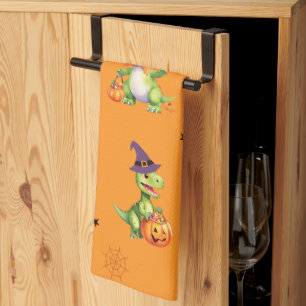 Cute Dinosaur play pumpkin trick o treat halloween Kitchen Towel