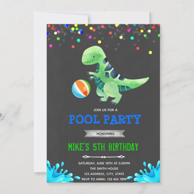Cute dinosaur pool birthday party invitation (Front)