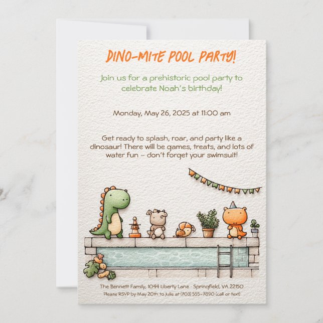 Cute Dinosaur Pool Party Anniversaire Invitation (Devant)
