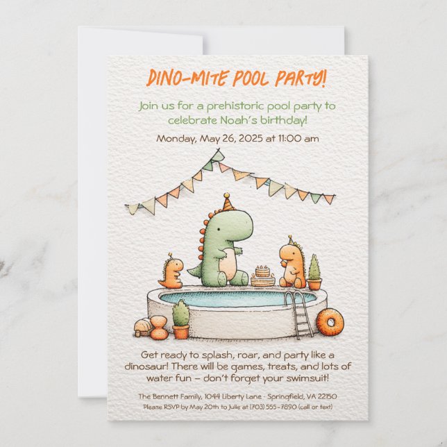 Cute Dinosaur Pool Party Anniversaire Invitation (Devant)
