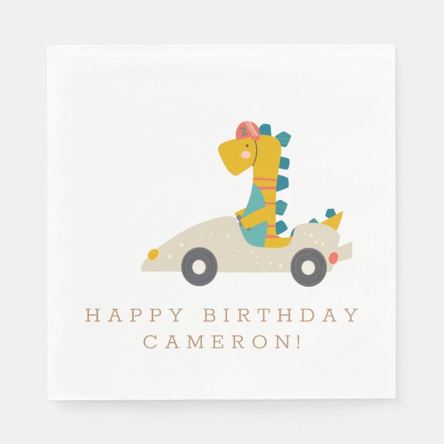 Cute Dinosaur Race Car Personalized Birthday Party Napkin (Front)