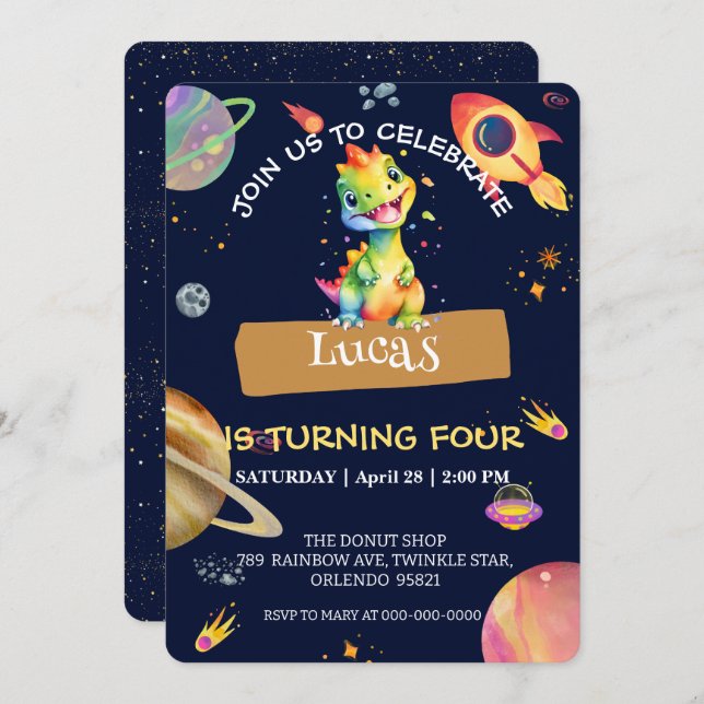 Cute Dinosaur rainbow Galaxy space birthday party Invitation (Front/Back)