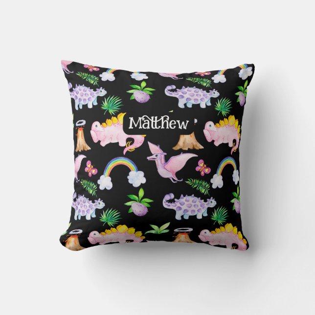 Cute Dinosaur Rainbow Watercolor Kids Jungle Throw Pillow (Front)